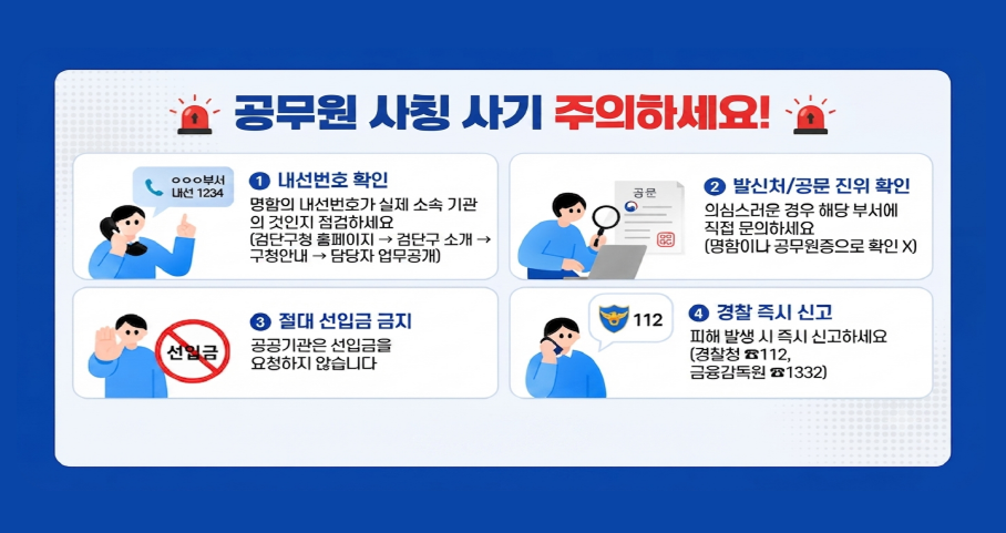 공무원 사칭 사기 주의하세요!

1. 내선번호 확인
ㅇㅇㅇ부서 내선 1234
명함의 내선번호가 실제 소속 기관의 것인지 점검하세요 (검단구청 홈페이지 → 검단구 소개 → 구청안내 → 담당자 업무공개)

2. 발신처/공문 진위 확인
의심스러운 경우 해당 부서에 직접 문의하세요 (명함이나 공무원증으로 확인 X)

3. 절대 선입금 금지
공공기관은 선입금을 요청하지 않습니다

4. 경찰 즉시 신고 
112
피해 발생 시 즉시 신고하세요 (경찰청 112, 금융감독원 1332)