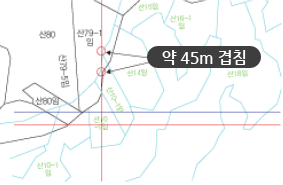 종이지적의 부정확성 중 중복형 이미지 예 (약 45m 겹침)